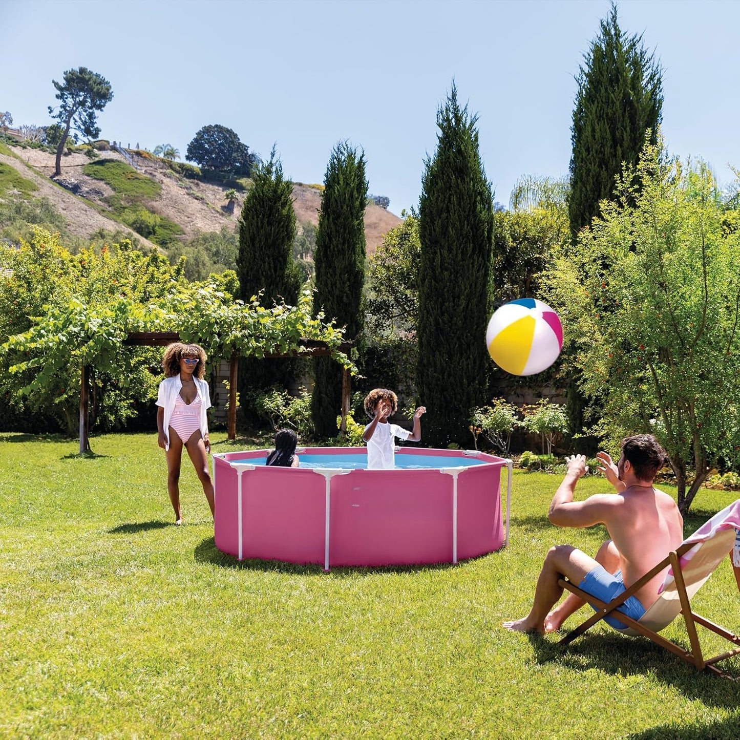 Pink Metal Frame Above Ground Pool | Round Garden Pool